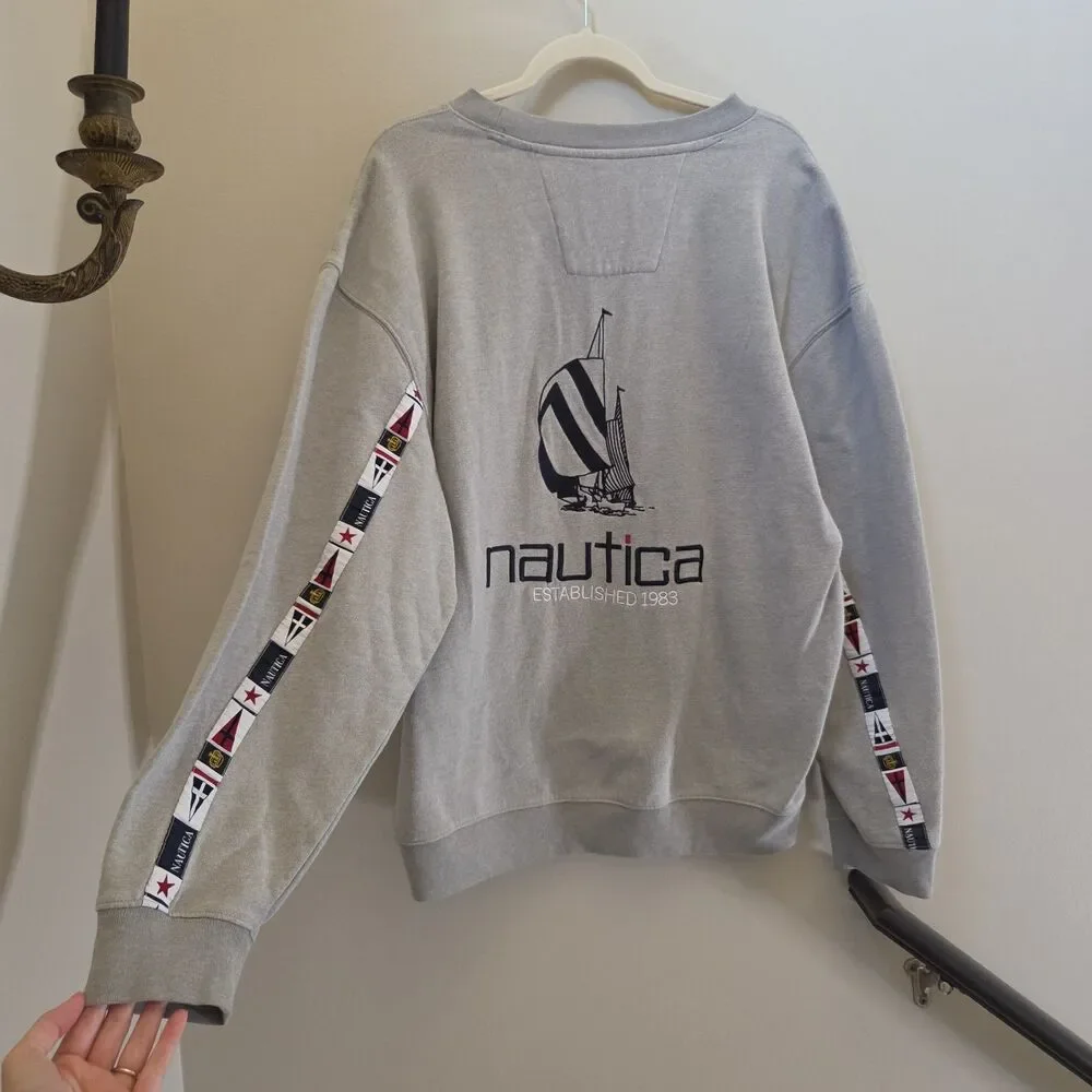 Nautica Mens Grey Sailing Flag Tape Crewneck Sweatshirt Sz XL Retro Preppy